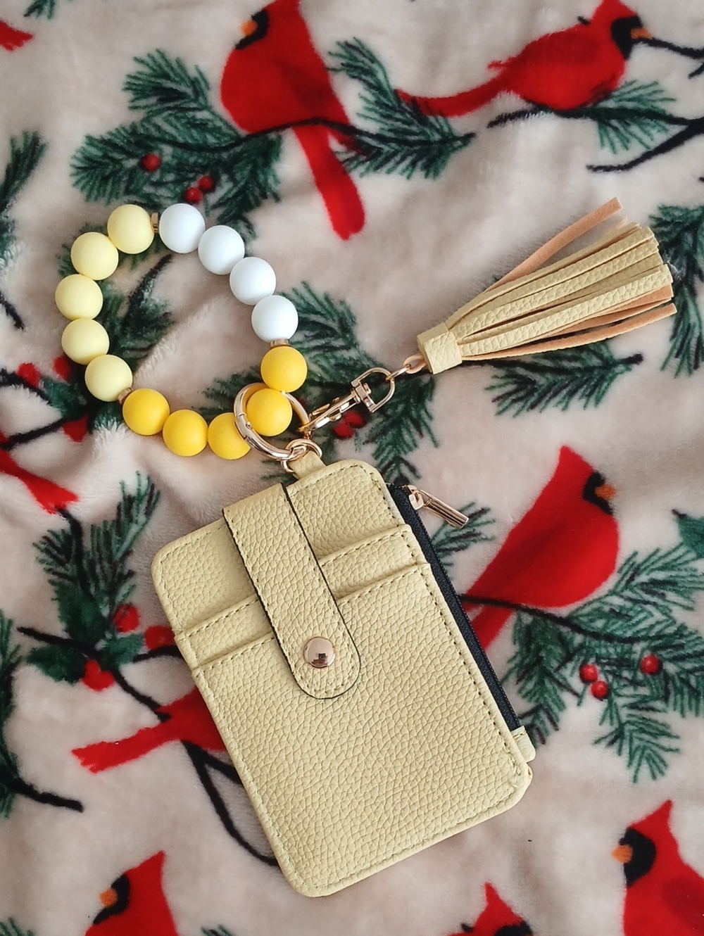 Amazon Yellow Card Holder Wristlet Keychain with Tassel and Beaded Loop